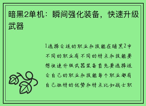 暗黑2单机：瞬间强化装备，快速升级武器